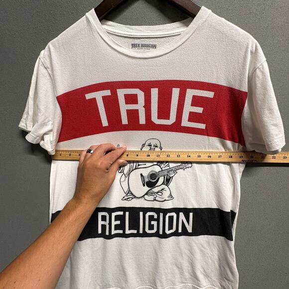 True Religion Men's White Red Striped Graphic Buddah Short Sleeve T-Shirt M - Picture 8 of 10